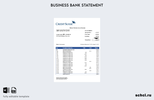 цифровая загрузка выписки по текущему счету компании Swiss Credit Suisse Шаблон 